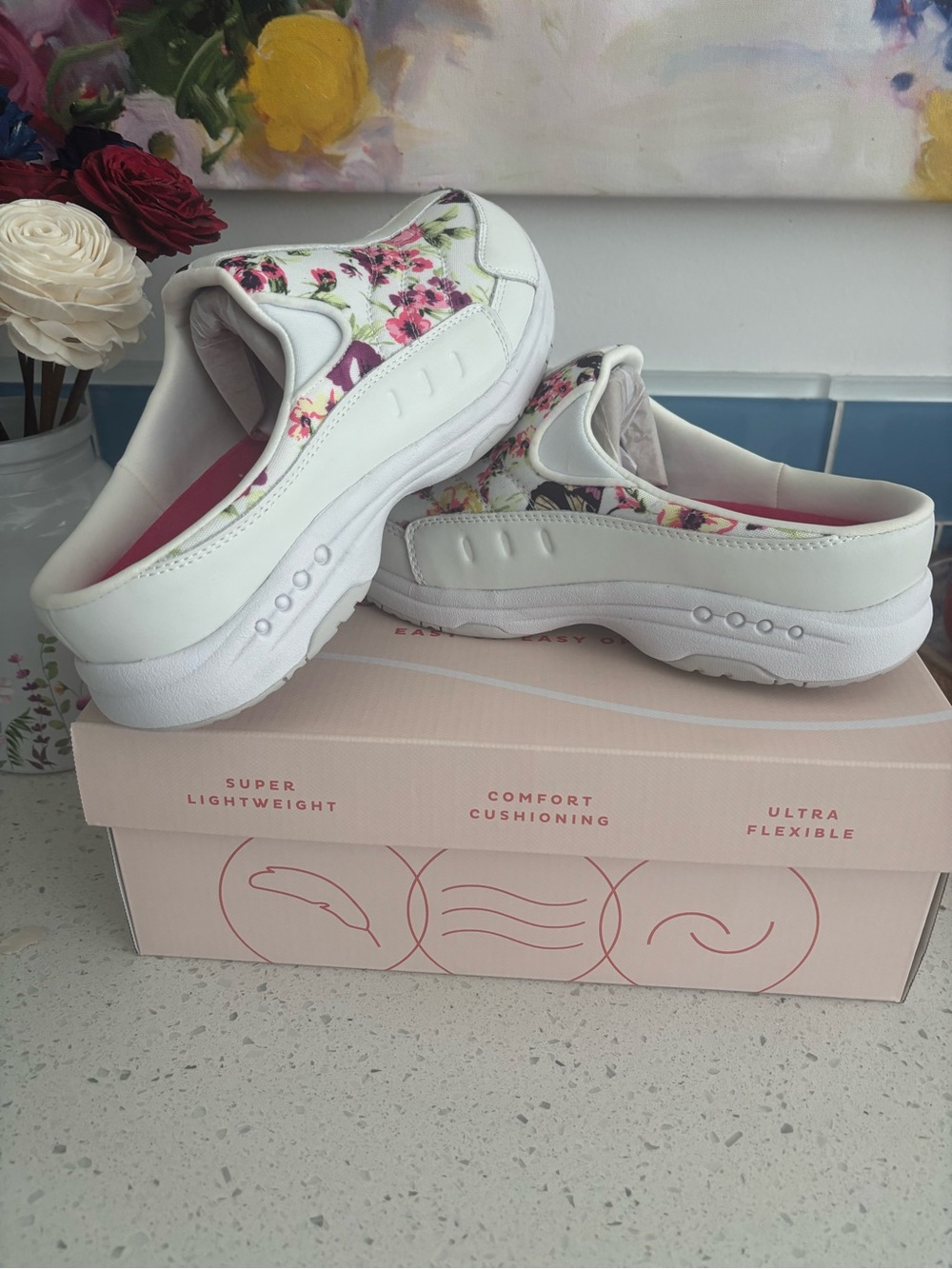 Easy Spirit White Slip-On Sneaker Clog with Pink & Green Floral